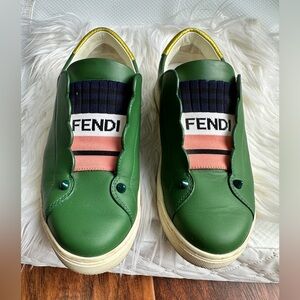 Fendi Green Leather Slip-Ons with Navy, Coral & White Knit Accents